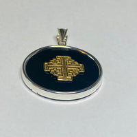 Sterling Silver and 14K Yellow Gold Jerusalem Cross Genuine Black Onyx Pendant