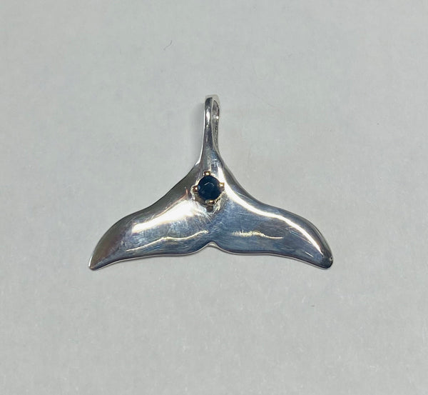 Sterling Silver and 14K Yellow Gold Whale Tail Slide Pendant with Genuine Sapphire