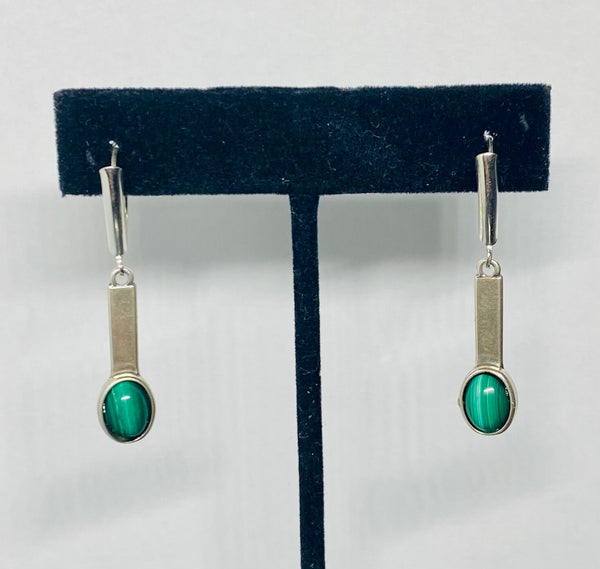 Sterling Silver and Genuine Malachite Bar Dangle Leverback Earrings