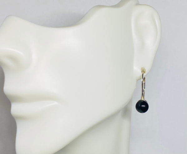 Sterling Silver and Genuine 6mm Black Onyx Bead Lever Back Earrings