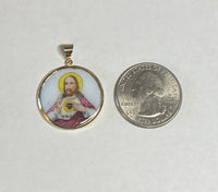 Vintage NOS 10K Yellow Gold Enameled Saint Therese of Lisieux & Sacred Heart of Jesus Scapular 24mm Medal