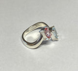 Sterling Silver Genuine Aquamarine & Pink Topaz Bypass Design Ladies Ring