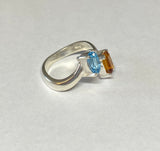 Sterling Silver Genuine Citrine & Swiss Blue Topaz Bypass Design Ladies Ring