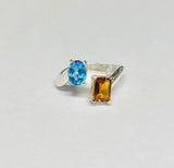 Sterling Silver Genuine Citrine & Swiss Blue Topaz Bypass Design Ladies Ring