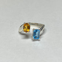 Sterling Silver Genuine Swiss Blue Topaz & Citrine Bypass Design Ladies Ring