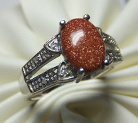 Sterling Silver Oval 8mm x 6 Goldstone Venturina & Diamond Ring