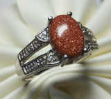 Sterling Silver Oval 8mm x 6 Goldstone Venturina & Diamond Ring