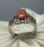 Sterling Silver Oval 8mm x 6 Goldstone Venturina & Diamond Ring