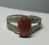 Sterling Silver Oval 8mm x 6 Goldstone Venturina & Diamond Ring