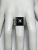 Vintage Sterling Silver and 14 Karat White Gold Genuine Black Onyx and Diamond Man's Ring