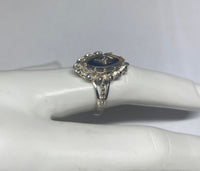 Vintage 1970's Sterling Silver and 14 Karat White Gold Genuine Diamond Rhomboid Marquise Black/Smoky Gray Onyx Ladies Ring