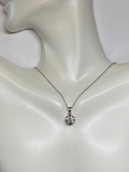 Sterling Silver and Genuine 1.00 Carat Moissanite Six Prong Pendant with Chain