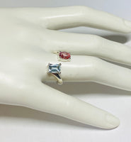 Sterling Silver Genuine Aquamarine & Pink Topaz Bypass Design Ladies Ring