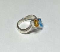 Sterling Silver Genuine Swiss Blue Topaz & Citrine Bypass Design Ladies Ring