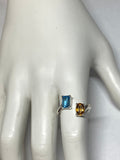 Sterling Silver Genuine Swiss Blue Topaz & Citrine Bypass Design Ladies Ring