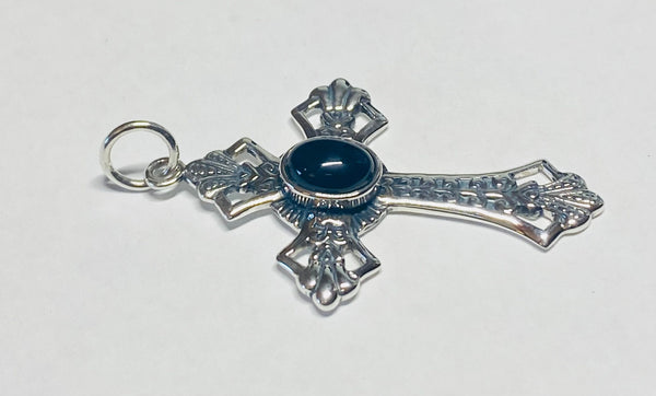 Sterling Silver 925 Genuine Oval Black Onyx Antiqued Cross Pendant