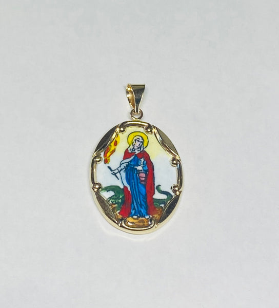 Vintage NOS 10K Yellow Gold Enameled Saint Martha "Santa Marta" 25mm x 20mm Oval Medal