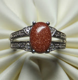 Sterling Silver Oval 8mm x 6 Goldstone Venturina & Diamond Ring