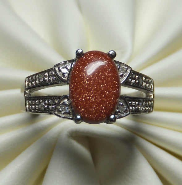 Sterling Silver Oval 8mm x 6 Goldstone Venturina & Diamond Ring