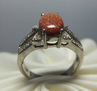 Sterling Silver Oval 8mm x 6 Goldstone Venturina & Diamond Ring