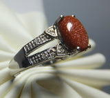 Sterling Silver Oval 8mm x 6 Goldstone Venturina & Diamond Ring