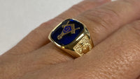 10 Karat Yellow Gold and 14 x 12mm Blue Spinel Masonic Ring