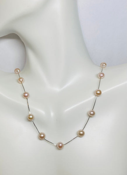 14k White Gold & Pink 6mm Freshwater Cultured Pearl Box Link 17" Station Necklace