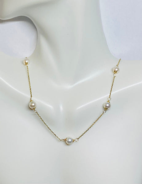 14k Yellow Gold & 5.5mm Freshwater Cultured Pearl Cable Link 16" Station Necklace