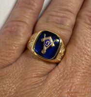 10 Karat Yellow Gold and 14 x 12mm Blue Spinel Masonic Ring