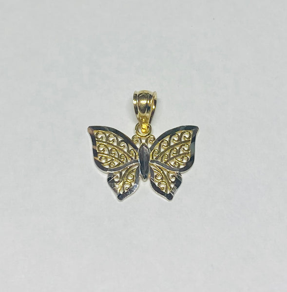 10K Yellow Gold with Rhodium Filigree Design Butterfly Charm