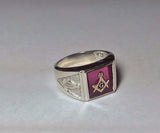 Sterling Silver Cushion Red Spinel 10K Masonic Lodge Emblem Ring