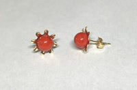 14 Karat Yellow Gold Simulated Red Coral Sunburst Design Stud Earrings