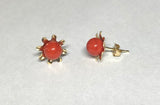 14 Karat Yellow Gold Simulated Red Coral Sunburst Design Stud Earrings