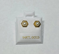 14 Karat Yellow Gold 4mm Genuine Freshwater Pearl Stud Hexagon Design Earrings