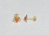 14 Karat Yellow Gold 3mm Simulated Coral Stud Hexagon Design Earrings