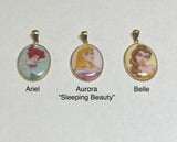 Vintage NOS 1990's 14K Yellow Gold Disney Princess Oval Porcelain Pendant (Ariel-Aurora-Belle)