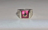 Sterling Silver Cushion Red Spinel 10K Masonic Lodge Emblem Ring