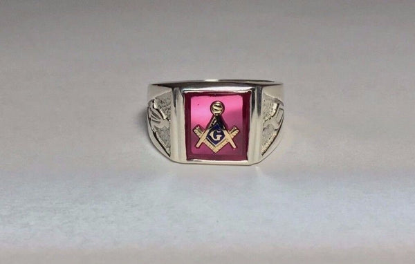 Sterling Silver Cushion Red Spinel 10K Masonic Lodge Emblem Ring