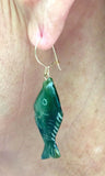 Vintage 1960's NOS 14 Karat Yellow Gold and Genuine Nephrite Jade Hand-carved 3-D Fish Dangle Earrings