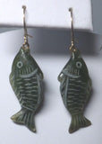 Vintage 1960's NOS 14 Karat Yellow Gold and Genuine Nephrite Jade Hand-carved 3-D Fish Dangle Earrings