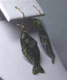 Vintage 1960's NOS 14 Karat Yellow Gold and Genuine Nephrite Jade Hand-carved 3-D Fish Dangle Earrings