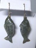 Vintage 1960's NOS 14 Karat Yellow Gold and Genuine Nephrite Jade Hand-carved 3-D Fish Dangle Earrings