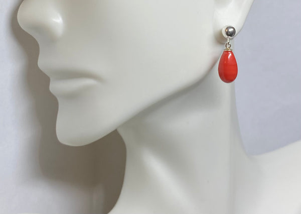 Sterling Silver Simulated Teardrop Coral and 5mm Ball Stud Post Dangle Earrings