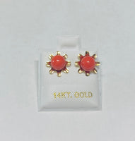 14 Karat Yellow Gold Simulated Red Coral Sunburst Design Stud Earrings