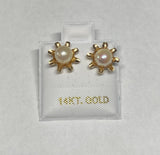 14 Karat Yellow Gold Genuine 5.5mm Freshwater Pearl Sunburst Design Stud Earrings