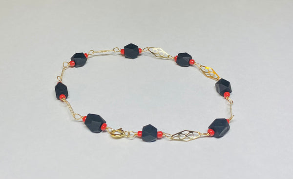 14 Karat Yellow Gold Filled Genuine Azabache Jet and Coral Accent 8" Plaque Bracelet