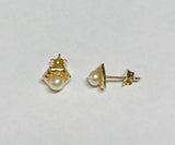 14 Karat Yellow Gold 4mm Genuine Freshwater Pearl Stud Hexagon Design Earrings