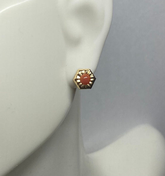 14 Karat Yellow Gold 3mm Simulated Coral Stud Hexagon Design Earrings