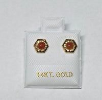 14 Karat Yellow Gold 3mm Simulated Coral Stud Hexagon Design Earrings