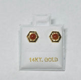 14 Karat Yellow Gold 3mm Simulated Coral Stud Hexagon Design Earrings